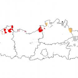 Vogelrichtlijngebieden voor Rietgans. Rood: belangrijk broed-, trek- en/of overwinteringsgebied. Oranje: broed-, trek- en/of overwinteringsgebied met kleinere aantallen.