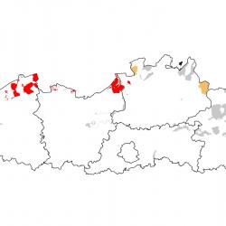 Vogelrichtlijngebieden voor Rietgans. Rood: belangrijk broed-, trek- en/of overwinteringsgebied. Oranje: broed-, trek- en/of overwinteringsgebied met kleinere aantallen.