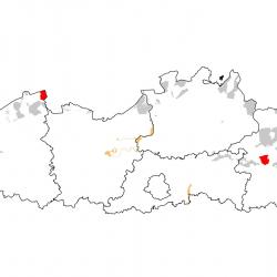 Vogelrichtlijngebieden voor Purperreiger. Rood: belangrijk broed-, trek- en/of overwinteringsgebied. Oranje: broed-, trek- en/of overwinteringsgebied met kleinere aantallen.