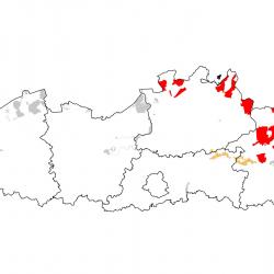 Vogelrichtlijngebieden voor Nachtzwaluw. Rood: belangrijk broed-, trek- en/of overwinteringsgebied. Oranje: broed-, trek- en/of overwinteringsgebied met kleinere aantallen.