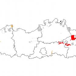 Vogelrichtlijngebieden voor Kwartelkoning. Rood: belangrijk broed-, trek- en/of overwinteringsgebied. Oranje: broed-, trek- en/of overwinteringsgebied met kleinere aantallen.