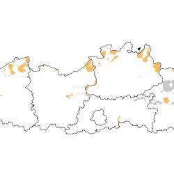 Vogelrichtlijngebieden voor Kuifeend. Rood: belangrijk broed-, trek- en/of overwinteringsgebied. Oranje: broed-, trek- en/of overwinteringsgebied met kleinere aantallen.
