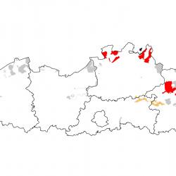 Vogelrichtlijngebieden voor Korhoen. Rood: belangrijk broed-, trek- en/of overwinteringsgebied. Oranje: broed-, trek- en/of overwinteringsgebied met kleinere aantallen.