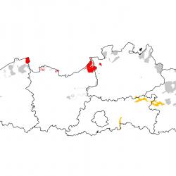 Vogelrichtlijngebieden voor Kluut. Rood: belangrijk broed-, trek- en/of overwinteringsgebied. Oranje: broed-, trek- en/of overwinteringsgebied met kleinere aantallen.