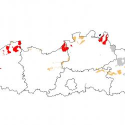 Vogelrichtlijngebieden voor Kemphaan. Rood: belangrijk broed-, trek- en/of overwinteringsgebied. Oranje: broed-, trek- en/of overwinteringsgebied met kleinere aantallen.