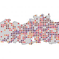 Verspreidingskaart IJsvogel. Kaart afkomstig van de atlas van de Vlaamse broedvogels van 2000 - 2002.