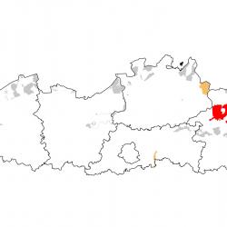 Vogelrichtlijngebieden voor Grauwe kiekendief. Rood: belangrijk broed-, trek- en/of overwinteringsgebied. Oranje: broed-, trek- en/of overwinteringsgebied met kleinere aantallen.