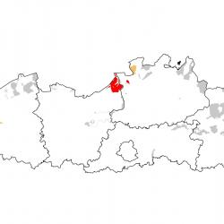 Vogelrichtlijngebieden voor Grauwe gans. Rood: belangrijk broed-, trek- en/of overwinteringsgebied. Oranje: broed-, trek- en/of overwinteringsgebied met kleinere aantallen.