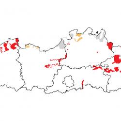 Vogelrichtlijngebieden voor Goudplevier. Rood: belangrijk broed-, trek- en/of overwinteringsgebied. Oranje: broed-, trek- en/of overwinteringsgebied met kleinere aantallen.