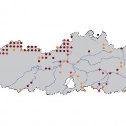 Verspreidingskaart Bruine kiekendief. Kaart afkomstig van de atlas van de Vlaamse broedvogels van 2000 - 2002.