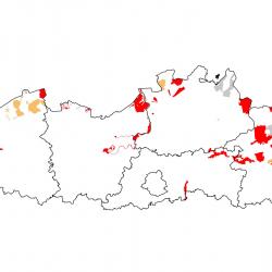 Vogelrichtlijngebieden voor Bruine kiekendief. Rood: belangrijk broed-, trek- en/of overwinteringsgebied. Oranje: broed-, trek- en/of overwinteringsgebied met kleinere aantallen.