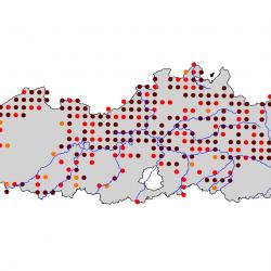 Verspreidingskaart Blauwborst. Kaart afkomstig van de atlas van de Vlaamse broedvogels van 2000 - 2002.