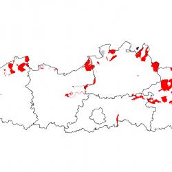 Vogelrichtlijngebieden voor Blauwborst. Rood: belangrijk broed-, trek- en/of overwinteringsgebied. Oranje: broed-, trek- en/of overwinteringsgebied met kleinere aantallen.
