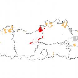 Vogelrichtlijngebieden voor Bergeend. Rood: belangrijk broed-, trek- en/of overwinteringsgebied. Oranje: broed-, trek- en/of overwinteringsgebied met kleinere aantallen.